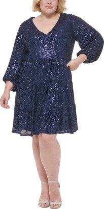 Plus Size Sequined Long-Sleeve Tiered Dress