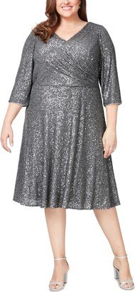 Plus Size Sequined 3/4-Sleeve Midi Dress