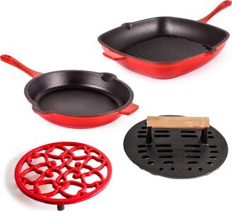 Neo Cast Iron 4 Piece Fry, Grill, Press, and Trivet Set