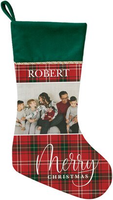 Christmas Stockings: Merry Christmas Plaid Christmas Stocking, Green, Red