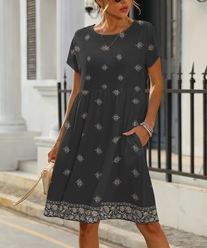 Charcoal & Gray Floral Short-Sleeve Pocket A-Line Dress - Women & Plus