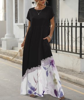 Black & Purple Abstract Pocket Short-Sleeve Maxi Dress - Women & Plus