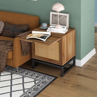 NOVABASA Rustic wood nightstand Bedroom nightstand with pull-out tray and rattan door