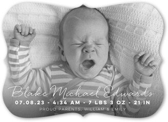 Birth Announcements: Light Script Birth Announcement, White, 5X7, Pearl Shimmer Cardstock, Bracket