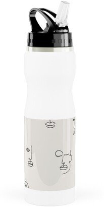 Photo Water Bottles: Minimalist Feminist Faces - Line Drawing Stainless Steel Water Bottle With Straw, 25Oz, With Straw, Beige