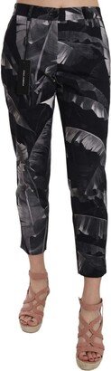 Black Banana Leaf Print Skinny Capri Women's Pants