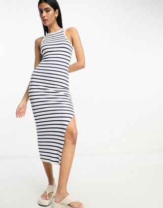 knit racer midi dress in stripe in navy and white