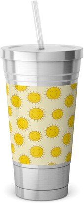 Travel Mugs: Happy Sunshine - Yellow Stainless Tumbler With Straw, 18Oz, Yellow