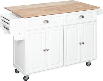 HOMCOM Rolling Kitchen Island on Wheels Utility Cart with Drop-Leaf and Rubber Wood Countertop, Storage Drawers, Door Cabinets, White