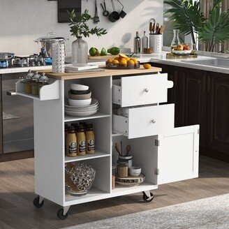 Calnod Store Kitchen Cart on 4 Wheels with 2 Drawers and 3 Open Shelves, Kitchen Island with Rubber Wood Top for Dinning Room-AA