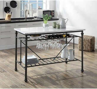 TOSWIN Metal Kitchen Island & Artificial Stone Countertops Kitchen Cart with 2 Tier Shelf Bottle Rack and Wine Glass Storage