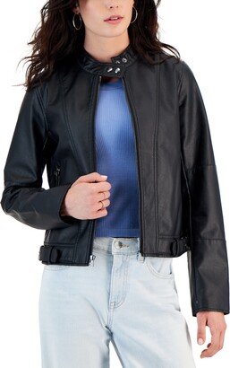 Juniors' Faux-Leather Long-Sleeve Moto Jacket