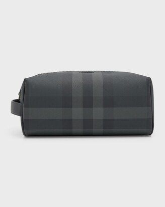 Men's Charcoal Check Leather Travel Zip Pouch-AA