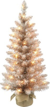 Puleo 3' Pre-Lit Rose Gold-Tone Tree with 50 Underwriters Laboratories Clear Incandescent Lights and Burlap Base, 97 Tips