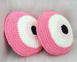 Set Of 2 Large Pink Evil Eye Pillows, Throw Plush Сushion, Crochet Decorative Pillow, Round Stuffed Eye, Gift