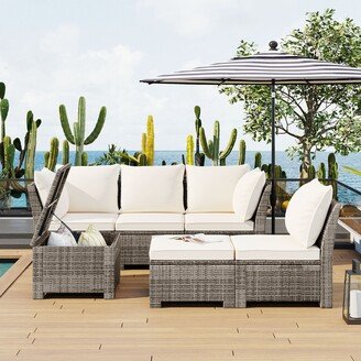 LELATTRADE 6 Piece Outdoor Sofa Set PE Wicker Rattan Sofa with 2 Corner Chairs 2 Single Chairs and 1 Ottoman and 1 Storage Table