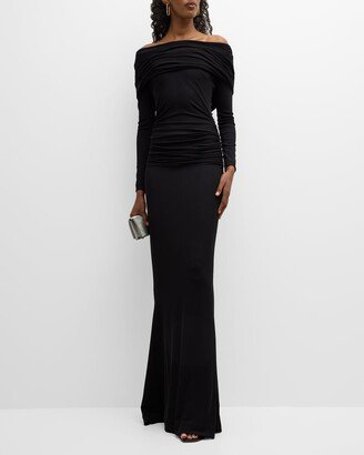 Hooded Off-Shoulder Column Gown