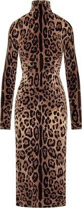 Leopard-Printed High-Neck Mid-Length Dress