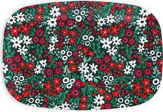 Serving Platters: Rustic Floral - Holiday Red And Green Serving Platter, Green