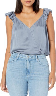 womens Lunah Bodysuit V-back Thong Bodysuit Ruffled Cap Sleeve in Flint Blue Blouse