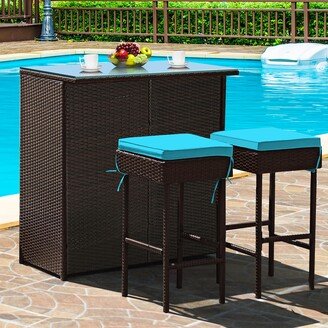 3PCS Patio Rattan Wicker Bar Table Stools Dining Set Cushioned