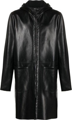 Hooded Leather Zip-Up Coat