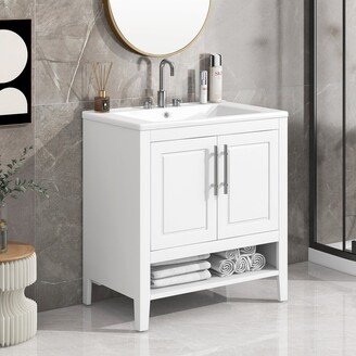 Jims Maison 30 Inch Freestanding Bathroom Vanity Set in White with Ceramic Sink and Doors