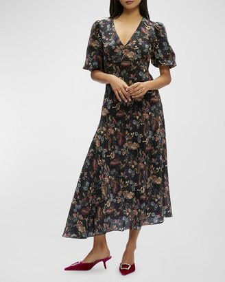 Maia Floral-Print Puff-Sleeve Midi Dress