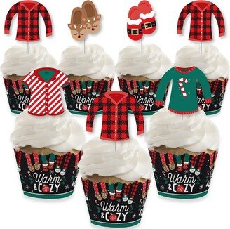 Big Dot of Happiness Christmas Pajamas - Cupcake Decoration - Holiday Plaid PJ Party Cupcake Wrappers and Treat Picks Kit - Set of 24