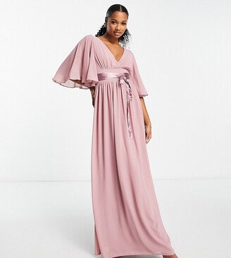 TFNC Petite Bridesmaid kimono sleeve pleated maxi dress with angel sleeve in lavender