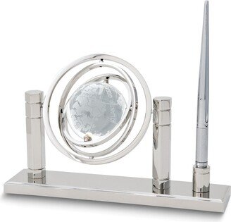 Curata Silver-Plated and Crystal Etched Globe and Stand with Brass Pen
