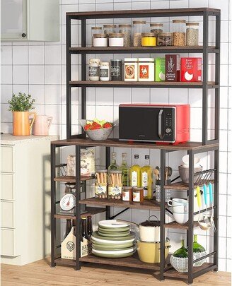 Lee Furniture 5 Tiers Kitchen Bakers Rack with Storage Shelves, Microwave Oven Organizer Stand, Black Rustic Brown