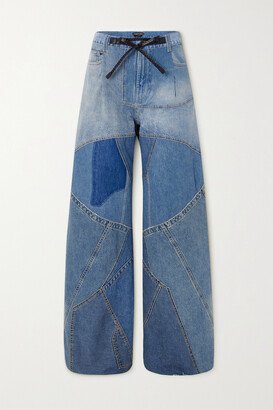 Leather-trimmed Distressed Patchwork High-rise Jeans - Blue