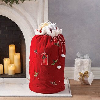 Embroidered Holly Santa's Gift Bag with Personalized Gift Tag