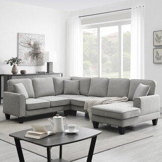 IGEMAN 108*85.5 Modern U-Shape Sectional Sofa, 7 Seat Fabric Upholstered Corner Sectional Sofa Set with Chaise and 3 Pillows Included