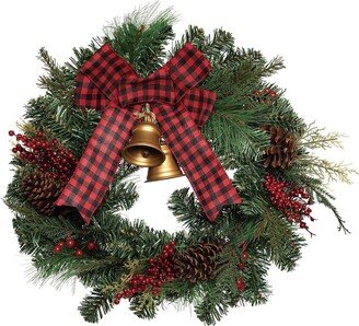 Artificial 24In Multicolored Christmas Pinecone Wreath With Bells And Bow