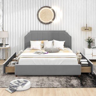 Modern Velvet Platform Bed with Four Storage Drawers