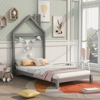 Calnod Twin Size Wooden Platform Bed with House-shaped Headboard, Solid Wood Slats Support, Delightfully Designed for Kids' Bedroom