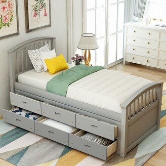 Magic Home Twin Size Solid Wood Bed with 6 Drawers