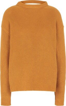 Cotton Knit Oversized Cut-out Detail Sweater Turtleneck Ocher