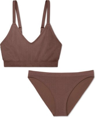 Women's Ribbed Seamless Bralette + Bikini Underwear - Hickory - Modal Nylon