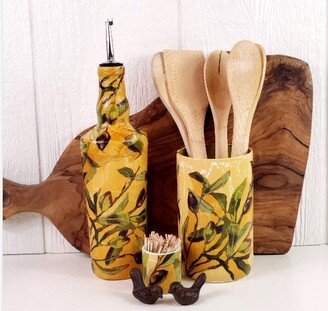 Olive Branch Up-Cycled Bottle Kitchen Accessories | Oil Or Vinegar Cruet Utensil Holder Wine Country Living Tuscany Decor