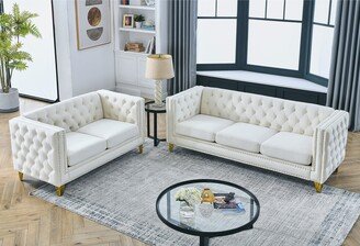 EDWINRAYLLC 3 Seater + 2 Seater Sofa Set Velvet Removable Cushions Couch for Living Room Sofa w/ Metal Legs and Nailheads Arms, Beige