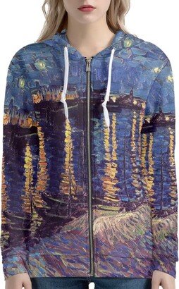 FUIALDOLG Van Gogh Starry Night over The Rhone Women's Zip Up Casual Fall Hoody Shirts Long Sleeve Oversized Drawstring Hoodie Hooded Sweatshirt Pullover Top with Pockets