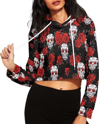 Baxinh Rose Skull Print Comfortable Women's Cropped Hoodies