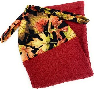 Fall Autumn Harvest Yellow Orange Red Brown Sage Maple Leaves Ties On Stays Put Kitchen Bathroom Hanging Hand Dish Loop Towel - Made in Usa