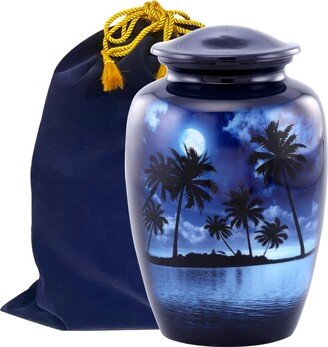 Midnight Beach Urn, Adult Moon & Palm Trees Funeral & Memorial Cremation Urns For Human Ashes Up To 200 lbs With Velvet Bag