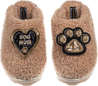 Laines London Teddy Towelling Closed Toe Slippers With Paw & Dog Mum Brooches - Toffee