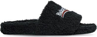 Embroidered-Logo Furry Slippers