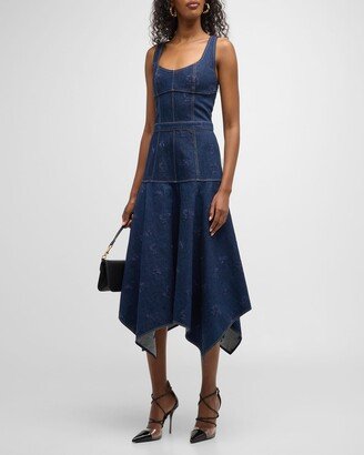 Sleeveless Embroidered Denim Midi Dress